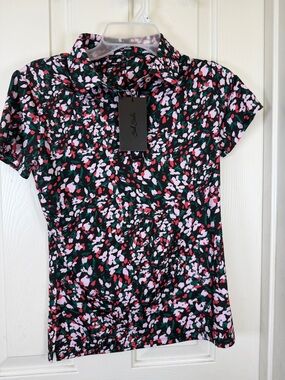 Short-Sleeve Floral Print Polo Top - Black/Pink/Red